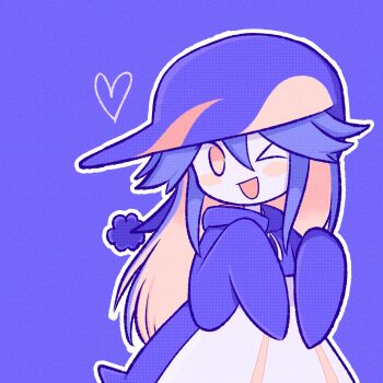 1girl animal_hat bird blunt_bangs funamusea hat heart highres hood hoodie ice_scream long_hair looking_at_viewer one_eye_closed open_mouth outline penguin penguin_hat peraco_(funamusea) pipiikki purple_background simple_background smile solo white_outline winged_arms wings yellow_eyes