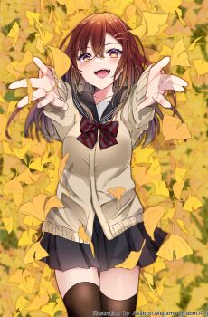 1girl :d akabuchi_megane arms_up autumn bird's_eye_view black_sailor_collar black_skirt black_thighhighs blurry blurry_background blush bow breasts brown_cardigan brown_eyes brown_hair cardigan collarbone colored_inner_hair commentary cowboy_shot diagonal-striped_bow double-parted_bangs falling_leaves foreshortening from_above ginkgo_leaf grey_hair hair_between_eyes hair_ornament hairclip highres leaf long_hair long_sleeves looking_at_viewer lying medium_breasts miniskirt multicolored_hair on_back on_ground open_mouth original outdoors outstretched_arms pleated_skirt reaching reaching_towards_viewer red_bow sailor_collar school_uniform skirt smile solo straight-on striped_bow thigh_gap thighhighs zettai_ryouiki