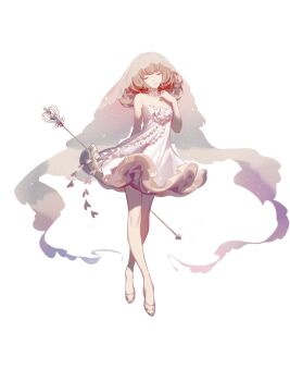 Rule 34 | 1girl, ask (askzy), bare shoulders, choker, closed eyes, closed mouth, curly hair, dress, highres, lydia jessica, noah fantasy, pink hair, scepter, socks, white background, white dress, white socks