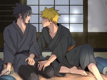 2boys barefoot black_eyes black_hair black_pants black_robe blonde_hair blue_eyes collarbone commentary_request eye_contact hand_on_another's_thigh highres indoors looking_at_another male_focus mi73suki multiple_boys naruto_(series) naruto_shippuuden pants pillow rain robe short_hair shouji sitting sliding_doors uchiha_sasuke uzumaki_naruto yaoi