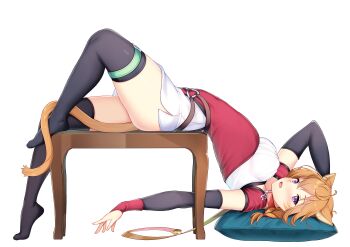 1girl absurdres animal_ears belt black_thighhighs blush braid breasts cat_ears cat_girl choker collar commission commissioner_upload detached_sleeves facepaint facial_mark fang fire_emblem fire_emblem:_path_of_radiance fire_emblem:_radiant_dawn highres large_variant_set looking_at_viewer lying lyre_(fire_emblem) medium_breasts messy_hair nabunabu nintendo o-ring o-ring_belt open_mouth orange_hair orange_tail pantyhose pillow pink_choker pink_collar purple_eyes rainbow_ribbon shorts side_slit side_slit_shorts solo thick_thighs thigh_belt thigh_strap thighhighs thighs variant_set whisker_markings white_background