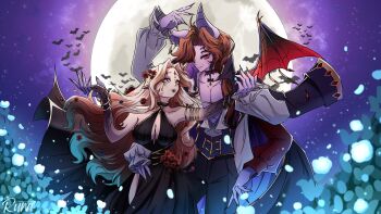 Rule 34 | 1girl, alternate costume, animal ears, armlet, bat (animal), bat ears, black dress, blonde hair, blue eyes, blue hair, brown hair, cape, carol (lilum), choker, colored sclera, colored skin, cosplay, dancing, dante will, dracula, dracula (cosplay), dress, ear piercing, extra arms, extra eyes, fingernails, flower, full moon, gradient hair, hair flower, hair ornament, halloween, halloween costume, heterochromia, highres, holding, indie virtual youtuber, jewelry, long hair, long sleeves, moon, multicolored hair, orange eyes, piercing, portuguese commentary, purple skin, red hair, red sclera, runamaroding, sharp fingernails, smile, vampire costume, white eyes, wings