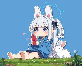 1girl animal_ears bare_legs barefoot black_bow blue_archive blue_hoodie blue_skirt blush blush_stickers bow cellphone commentary_request deformed fake_animal_ears flower grass hair_bow halo holding holding_phone hood hoodie long_hair looking_at_phone miyako_(blue_archive) miyako_(young)_(blue_archive) mutsuse on_ground one_side_up outline phone pleated_skirt purple_eyes rabbit rabbit_ear_headwear rabbit_ears sitting skirt smartphone soles solo toes very_long_hair white_outline