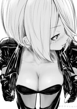 1girl angel_(kof) breasts female_focus gloves jacket large_breasts leather pale_skin short_hair smile solvl sovlart the_king_of_fighters thick_thighs thighs white_hair