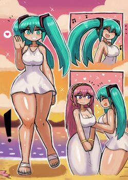 ! 2girls beach blue_eyes blue_hair blue_nails blush bow bracelet breasts cleavage closed_eyes cloud collarbone comic dress earrings grin hair_ornament hairband hatsune_miku heart jewelry large_breasts long_hair looking_at_another looking_at_viewer megurine_luka mountain multiple_girls music musical_note nail_polish necklace ocean open_mouth orange_sky pink_hair purple_eyes ring sand sandals singing sky sleeveless sleeveless_dress smile sparkle speech_bubble spoken_heart standing sunset teeth thick_thighs thighs tony_welt twintails upper_body vocaloid water waving white_bow white_dress white_sandals wide_hips
