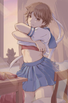 Rule 34 | absurdres, backpack, bag, blue skirt, brown eyes, brown hair, capcom, curtains, gloves, headband, highres, kasugano sakura, looking at viewer, midriff, navel, pleated skirt, puffy short sleeves, puffy sleeves, sailor collar, school uniform, serafuku, short hair, short sleeves, skirt, smile, street fighter, street fighter zero (series), street fighter zero 2, stuffed toy, tank top, tyanoki, undressing, window