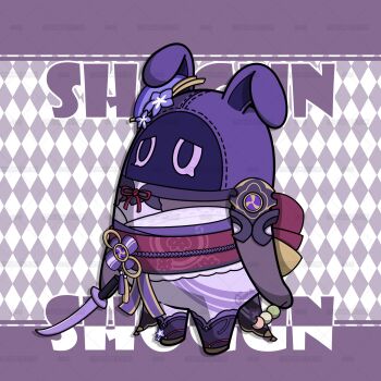 Rule 34 | armor, artist name, back bow, bangboo (zenless zone zero), bow, bridal gauntlets, character name, chinese commentary, company connection, cosplay, dango, food, from side, genshin impact, hair ornament, highres, holding, holding food, holding weapon, japanese clothes, katana, kimono, mihoyo, multicolored background, neck ribbon, off shoulder, purple background, purple kimono, purple thighhighs, raiden shogun, raiden shogun (cosplay), red ribbon, red sash, ribbon, sad, sash, shoulder armor, standing, sword, tearing up, thighhighs, tomoe (symbol), wagashi, watermark, weapon, xinjinjumin0265578, zenless zone zero