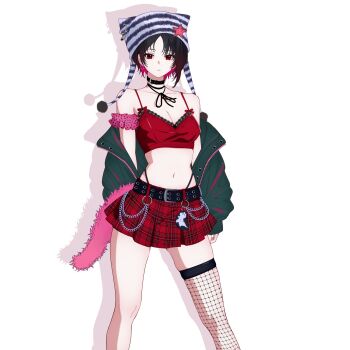 1girl belt black_choker black_hair breasts chemise choker cleavage colored_inner_hair commentary_request fishnet_thighhighs fishnets gradient_hair hat highres jacket kisaragi_ren_(vspo!) mamitasu_(m2ts_mogmog) midriff miniskirt multicolored_hair navel off_shoulder open_clothes open_jacket pleated_skirt red_eyes red_hair single_thighhigh skirt solo thighhighs virtual_youtuber vspo!