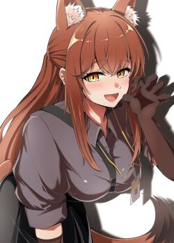 1girl :d animal_ear_fluff animal_ears arknights black_shirt blush breasts brown_gloves brown_hair brown_tail claw_pose collared_shirt commentary elbow_gloves fox_ears fox_girl fox_tail franka_(arknights) gloves hair_between_eyes hand_up highres large_breasts long_hair looking_at_viewer mukipero open_mouth shirt short_sleeves sidelocks smile solo tail white_background yellow_eyes