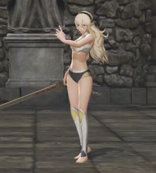 1girl 3d armor armpits bare_shoulders barefoot black_hairband bra breasts broken_armor building cleavage collarbone female_corrin_(fire_emblem) feet female_focus fighting_pose fighting_stance fingernails fire_emblem fire_emblem_fates fire_emblem_warriors full_body gameplay_mechanics hair_between_eyes hair_ornament hairband holding holding_sword holding_weapon intelligent_systems legs legs_together long_hair lowres medium_breasts midriff multicolored_underwear nails navel neck nintendo official_alternate_costume official_underwear outdoors pale_skin panties pointy_ears red_eyes ruins silver_hair sky standing sword thighs tiptoes toenails toes underwear underwear_only weapon yato_(fire_emblem)