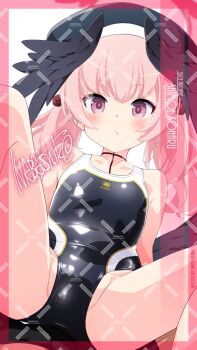 1girl artist_name black_one-piece_swimsuit black_wings blue_archive character_name competition_swimsuit feathered_wings feet_out_of_frame flat_chest head_wings highres inaba_shiki koharu_(blue_archive) loli long_hair looking_at_viewer low_wings m_legs one-piece_swimsuit pink_eyes pink_hair solo spread_legs swimsuit twintails watermark watermark_grid wings