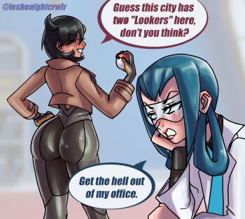 2girls absurdres ass black_bodysuit black_hair blue-tinted_eyewear blue_eyes blue_hair blush bodysuit bodysuit_under_clothes brown_jacket coat curvy dark-skinned_female dark_skin emma_(pokemon) english_text glasses highres holding holding_poke_ball huge_ass jacket lab_coat lesbonightcrwlr lipstick long_sleeves mable_(pokemon) makeup medium_hair multiple_girls necktie nintendo open_clothes open_coat open_mouth patch poke_ball poke_ball_(basic) pokemon pokemon_legends:_z-a pun safety_glasses shiny_clothes shirt smile team_flare teeth tinted_eyewear white_coat wide_hips yuri