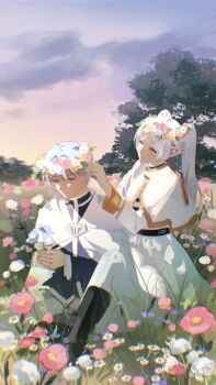 1boy 1girl absurdres belt black_belt black_boots blue_eyes blue_flower blue_hair blue_jacket boots capelet cloak commentary earrings elf english_commentary flower frieren gold_trim green_eyes grey_hair hair_between_eyes hand_in_another's_hair head_wreath hetero highres himmel_(sousou_no_frieren) holding holding_flower ikachyu jacket jewelry light_smile long_hair meadow outdoors pants parted_bangs pink_flower pointy_ears shirt short_hair sitting skirt sousou_no_frieren striped_clothes striped_shirt twintails white_capelet white_cloak white_flower white_jacket white_pants white_skirt yellow_flower