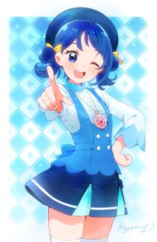 Rule 34 | 1girl, akechi anna, akechi anna (cosplay), alternate hairstyle, artist name, back bow, beret, blue bow, blue eyes, blue hair, blue hat, blue shirt, blue skirt, blue theme, bow, commentary, cosplay, double bun, fleur-de-lis, hair bun, hand on own hip, hat, hirogaru sky! precure, in-franchise crossover, jewelry, kyanos (b 0000ff), long sleeves, looking at viewer, low twintails, miniskirt, necklace, one eye closed, open mouth, pendant, pleated skirt, pointing, pointing at viewer, precure, shirt, signature, skirt, smile, solo, sora harewataru, standing, swept bangs, thighhighs, twintails, two-tone shirt, white shirt, white thighhighs