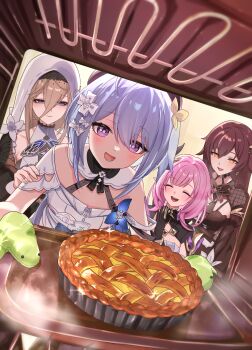 4girls absurdres aponia arin_(1010_ssu) baking_sheet blue_hair brown_hair closed_eyes commentary_request commission eden_(honkai_impact) elysia_(honkai_impact) elysia_(miss_pink_elf)_(honkai_impact) food grey_hair griseo griseo_(starry_impression) highres holding holding_tray honkai_(series) honkai_impact_3rd microwave multiple_girls nun open_mouth oven oven_mitts pie pink_hair roena short_hair tray