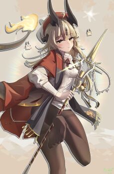 Rule 34 | 1girl, absurdres, ahoge, arknights, arshuw, blonde hair, blush, brown horns, brown pantyhose, brown tail, cape, chinese commentary, closed mouth, commentary request, foot out of frame, fringe trim, hat, highres, holding, horns, leg up, light smile, long hair, long sleeves, looking at viewer, official alternate costume, outline, pantyhose, red cape, red hat, reed (arknights), reed the flame shadow (arknights), reed the flame shadow (glowing flame in the night) (arknights), soles, solo, standing, standing on one leg, sweater, tail, tail raised, white outline, white sweater, yellow eyes