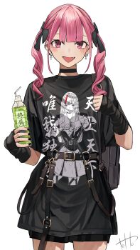 Rule 34 | 1girl, absurdres, arm warmers, bag, belt, black arm warmers, black bow, black choker, black nails, black shirt, black shorts, bottle, bow, choker, commentary request, cropped legs, curly hair, drinking straw, earrings, fang, hair bow, highres, hinamizawa hinami (tetto), holding, holding bottle, jewelry, looking at viewer, original, pink eyes, pink hair, shirt, shorts, shoulder bag, signature, slit pupils, standing, tetto (onnoveltet), twintails, white background