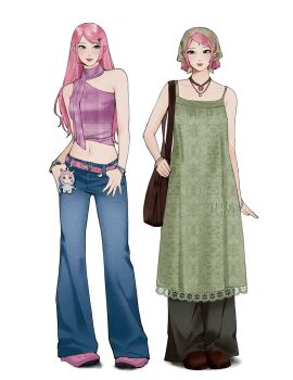 1girl :p alternate_costume alternate_hairstyle arm_at_side artist_logo asymmetrical_shirt bag baggy_pants bell-bottoms belt belt_charm black_pants bracelet brown_bag brown_shoes character_charm charm_(object) closed_mouth commentary crocs denim dress earrings facial_mark fashion film_grain floral_print floral_print_dress flower flower_necklace forehead_mark full_body green_dress green_eyes green_headscarf green_nails hair_ornament hairclip haruno_sakura headscarf highres invisible_floor jeans jewelry katsuyu_(naruto) lace lace-trimmed_dress lace_headwear lace_trim lips logo long_dress long_hair looking_to_the_side lowleg lowleg_pants midriff multiple_bracelets multiple_views nail_polish naruto_(series) navel necklace pants pants_under_dress parallel_hairclips pearl_earrings pink_belt pink_nails pink_scarf pink_shirt pink_shoes plaid_clothes plaid_scarf plaid_shirt print_dress ring ring_necklace scarf shirt shoes shoulder_bag sidelocks silver_bracelet simple_background single_stripe sleeveless sleeveless_dress sleeveless_shirt standing streetwear swept_bangs symbol-only_commentary tenartistt thin_scarf tongue tongue_out watermark white_background