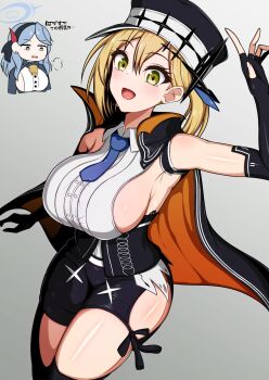 Rule 34 | 2girls, ako (blue archive), blonde hair, blue archive, blue hair, blue halo, breasts, cape, chibi, chibi inset, clothing cutout, elbow gloves, gloves, hairband, halo, hat, highres, hip vent, inset, koya taosin, large breasts, multiple girls, necktie, nue no onmyouji, official alternate costume, open mouth, peaked cap, shorts, side ponytail, sideboob, sideless outfit, sideless shirt, sigh, suo kazusa, yellow eyes