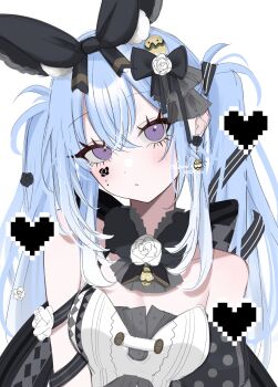 1girl blue_hair bow breasts earrings flower_facial_mark hair_bow hazaki_yoshino heart highres idolmaster idolmaster_shiny_colors jewelry light_blush long_hair looking_at_viewer parted_lips pixel_heart purple_eyes simple_background solo strapless suzuki_hana twintails twitter_username upper_body white_background