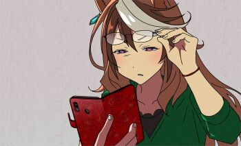 1girl adjusting_eyewear black_shirt brown_hair commentary_request earrings eyewear_on_head frown glasses green_shirt green_sweater holding holding_phone horse_girl jewelry korean_commentary long_hair long_sleeves looking_at_phone multicolored_hair narrowed_eyes official_alternate_costume phone purple_eyes removing_eyewear shirt single_earring smartphone_case solo squinting streaked_hair sweater symboli_rudolf_(casual)_(umamusume) symboli_rudolf_(umamusume) teemee three-quarter_sleeves two-tone_hair umamusume undershirt white_hair wristband