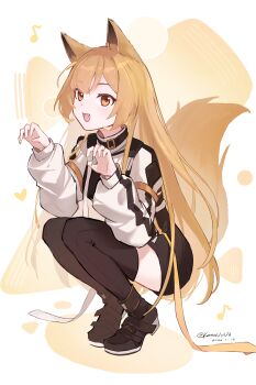 1girl :d absurdres animal_ears arknights black_jacket black_shorts black_thighhighs brown_eyes brown_hair brown_tail ceobe_(arknights) chinese_commentary claw_pose commentary_request eighth_note fang full_body hands_up highres jacket kanauwuz long_hair long_sleeves looking_at_viewer musical_note open_mouth shorts smile solo squatting tail tail_raised thighhighs white_jacket