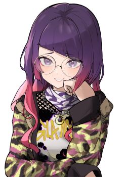 1girl absurdres blunt_bangs camouflage camouflage_jacket chain chain_necklace clothes_writing colored_tips commentary_request diagonal_bangs eyelashes fishnets glasses hand_on_own_face head_rest highres hijo_(nakare2845) idolmaster idolmaster_shiny_colors jacket jewelry long_hair long_sleeves multicolored_hair multicolored_jacket necklace open_clothes open_jacket pink_hair purple_eyes purple_hair round_eyewear shirt simple_background smile solo splatter_print tanaka_mamimi upper_body white_background