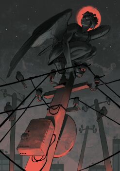 1boy artmigraine bird black_wings colored_skin commentary curly_hair english_commentary feathered_wings from_below full_body gargoyle grey_skin highres male_focus moon moon_behind_head night original perching power_lines red_moon short_hair sky solo squatting star_(sky) starry_sky tunic utility_pole wings