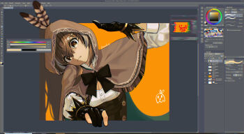 1girl absurdres art_program_in_frame black_bow black_bowtie black_streaks bow bowtie brown_capelet brown_cloak brown_corset brown_eyes brown_hair capelet chromatic_aberration cleavage_cutout cloak clothing_cutout corset feather_hair_ornament feathers fourth_wall glitch gloves hair_between_eyes hair_ornament highres hololive hololive_english looking_at_viewer multicolored_hair nanashi_mumei nanashi_mumei_(1st_costume) necester partially_fingerless_gloves shirt solo streaked_hair through_medium through_screen white_shirt