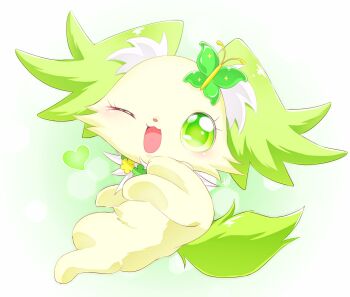 Rule 34 | animal focus, animalization, butterfly hair ornament, commentary request, creature, creature focus, dog, green eyes, green theme, hair ornament, heart, highres, jewelpet (creature), jewelpet (series), looking at viewer, master nabesama, no humans, one eye closed, open mouth, peridot (jewelpet), simple background, smile, solo, textless version, white background, yellow fur