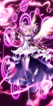 1girl bow_(weapon) commentary_request dress flying full_body high_heels highres kaname_madoka kaname_madoka_(magical_girl) mahou_shoujo_madoka_magica pink_eyes pink_hair sengoku_chidori smile solo teeth thighhighs twintails weapon white_thighhighs wings