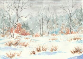 bare_tree commentary_request day forest landscape nature no_humans original outdoors overcast painting_(medium) paruperu scenery sky snow snowing traditional_media tree watercolor_(medium) winter