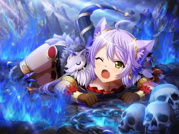1girl ahoge animal_ears black_dress blue_fire bracer brown_gloves cerberus_costume chain dog_ears dress fake_animal_ears fake_tail fang fire game_cg gloves jewelry looking_at_viewer official_art on_ground open_mouth otonashi_ichie purple_hair shoujo_kageki_revue_starlight shoujo_kageki_revue_starlight_-re_live- skull solo tail yellow_eyes