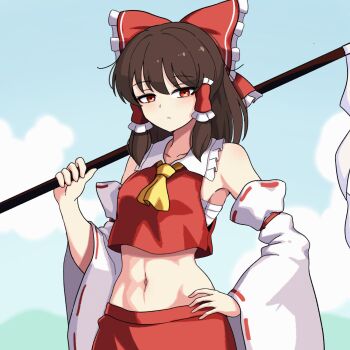 1girl ascot bow brown_hair collar commentary_request day detached_sleeves ehehe52921343 expressionless frilled_bow frilled_collar frilled_hair_tubes frills gohei hair_bow hair_tubes hakurei_reimu hand_on_own_hip highres holding holding_gohei korean_commentary long_sleeves looking_at_viewer medium_hair midriff navel outdoors red_bow red_eyes red_ribbon red_shirt red_skirt ribbon sarashi shirt sidelocks skirt sleeve_ribbon solo touhou upper_body white_collar wide_sleeves yellow_ascot