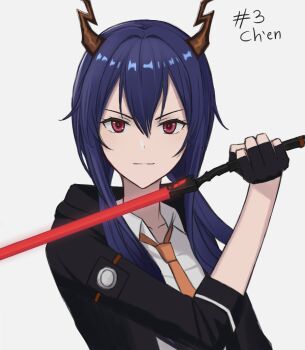 Rule 34 | 1girl, absurdres, arknights, black gloves, black jacket, blue hair, ch'en (arknights), character name, closed mouth, collarbone, collared shirt, commentary, dragon girl, dragon horns, fingerless gloves, gloves, grey background, hair between eyes, highres, holding, holding sword, holding weapon, horns, jacket, light smile, long hair, looking at viewer, necktie, neel silverius, orange necktie, red eyes, shirt, sidelocks, simple background, solo, sword, upper body, weapon, white shirt