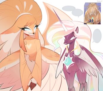 1girl absurdly_long_hair beak bird_girl blonde_hair blue_eyes commentary dress english_commentary feathers furry furry_female hazbin_hotel hellaverse highres horse jasperalterr long_eyelashes long_hair speaker_of_god_(hazbin_hotel) very_long_hair winged_unicorn yellow_dress yellow_feathers
