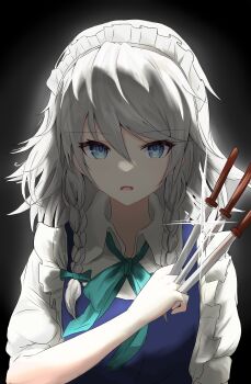 1girl absurdres between_fingers blue_eyes bow bowtie braid collared_shirt commentary ehextra glint green_bow green_bowtie grey_hair hair_bow highres holding holding_knife izayoi_sakuya knife knives_between_fingers long_hair looking_at_viewer maid maid_headdress open_mouth shirt solo touhou twin_braids white_shirt