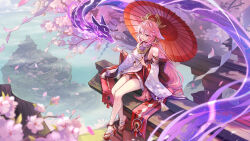 Rule 34 | 1girl, animal ears, bare shoulders, breasts, cherry blossoms, commentary request, detached sleeves, earrings, falling petals, floppy ears, fox ears, genshin impact, hair between eyes, hair ornament, highres, holding, holding umbrella, japanese clothes, jewelry, kyusoukyu, large breasts, long hair, long sleeves, looking at viewer, nontraditional miko, oil-paper umbrella, okobo, open mouth, outdoors, pendant, petals, pink hair, purple eyes, sandals, shirt, sideboob, sitting, sleeveless, sleeveless shirt, smile, solo, tree, umbrella, vision (genshin impact), white shirt, wide sleeves, yae miko