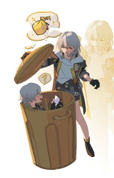 1boy 1girl ? absurdres artist_name belt black_boots black_coat black_gloves black_jacket black_skirt boots caelus_(honkai:_star_rail) cellphone coat commentary disappointed dual_persona english_commentary fang fingerless_gloves fingernails full_body gloves grey_belt grey_hair hair_between_eyes half-closed_eyes hands_up highres holding holding_phone honkai:_star_rail honkai_(series) jacket long_hair long_sleeves looking_at_another miniskirt open_clothes open_jacket open_mouth phone shirt short_hair sidelocks simple_background sitting skirt smartphone smile sokeve speech_bubble spoken_object spoken_question_mark standing stelle_(honkai:_star_rail) t-shirt tassel teeth trailblazer_(honkai:_star_rail) trash_bag trash_can two-sided_fabric two-sided_jacket white_background white_shirt yellow_eyes yellow_jacket zoom_layer