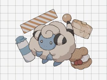 black_eyes blue_skin bottle butter candy_stick check_food colored_skin food food_request full_body gen_2_pokemon grid_background mareep maritozzo milk milk_bottle nintendo no_humans pancake pastry pokemon pokemon_(creature) pokemon_focus sheep smprfms solo striped_tail syrup tail white_background