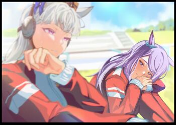 2girls animal_ears aqua_bow blue_sky blunt_bangs blush bow breasts closed_mouth cloud ear_bow ear_ribbon gold_ship_(umamusume) grass grey_hair gym_shirt hat highres horse_ears horse_girl jacket lampy_uikoko long_hair long_sleeves looking_at_another mejiro_mcqueen_(umamusume) multiple_girls outdoors pants parted_lips pillbox_hat purple_bow purple_eyes purple_hair red_jacket red_pants red_track_suit shirt sky smile sweat tracen_training_uniform track_jacket track_pants track_suit umamusume