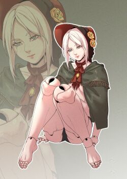 1girl absurdres barefoot black_panties bloodborne bonnet border breasts capelet chuckuddin closed_mouth collarbone doll_joints expressionless eyelashes feet film_grain forehead full_body green_capelet grey_background grey_eyes hat highres joints knees_together_feet_apart knees_up legs lips looking_at_viewer neckerchief panties parted_bangs partially_visible_vulva plain_doll red_bonnet red_hat red_neckerchief sidelocks sitting small_breasts solo toenails toes underwear white_border zoom_layer