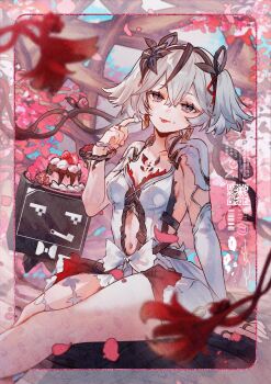 Rule 34 | 1girl, :p, black eyes, black flower, blake bloom (wuthering waves), breasts, cake, camellya (wuthering waves), clothing cutout, collarbone, commentary, dress, earrings, english commentary, flower, food, gold earrings, grey hair, hair flower, hair ornament, hair vines, hand up, highres, jewelry, looking at viewer, lt26, medium breasts, navel, pantyhose, red petals, red pupils, short hair, short twintails, single leg pantyhose, sitting, solo, stomach cutout, tacet mark (wuthering waves), tongue, tongue out, twintails, white dress, white pantyhose, wuthering waves