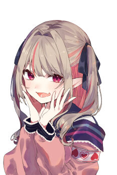 1girl armband blue_ribbon blue_sailor_collar blush colored_inner_hair drill_hair fang grey_hair hair_intakes hair_over_shoulder hair_ribbon hands_on_own_cheeks hands_on_own_face heart highres jacket long_hair looking_at_viewer makaino_ririmu makaino_ririmu_(4th_costume) multicolored_hair nijisanji nns_mu off_shoulder open_mouth pink_hair pink_jacket pink_streaks pointy_ears portrait red_eyes ribbon sailor_collar school_uniform serafuku shirt sidelocks simple_background skin_fang smile solo streaked_hair twitter_username two-tone_hair two_side_up virtual_youtuber watermark white_background white_shirt