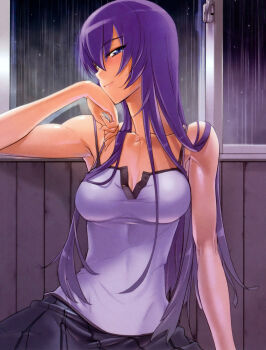 1girl armpits bare_shoulders blue_eyes breasts busujima_saeko camisole cleavage female_focus fingernails head_rest highres highschool_of_the_dead long_fingernails long_hair looking_at_viewer purple_hair rain satou_shouji scan skirt smile solo unbuttoned window