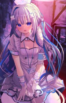 1girl absurdres amane_kanata amane_kanata_(nurse) blue_hair breasts cleavage cleavage_cutout clothing_cutout collar cuffs detached_collar dress gloves grey_hair handcuffs hat highres holding holding_handcuffs hololive hrak0516 long_hair looking_at_viewer multicolored_hair nurse nurse_cap official_alternate_costume official_alternate_hair_length official_alternate_hairstyle purple_eyes small_breasts smile solo streaked_hair two-tone_hair two_side_up very_long_hair virtual_youtuber white_collar white_dress white_gloves white_hat
