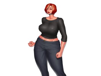 1girl breasts covered_erect_nipples curvy female_focus huge_breasts large_breasts looking_at_viewer nipples pants red_eyes red_hair see-through_clothes see-through_shirt shiny_skin shirt short_hair smile smiley_face standing sweater the_king_of_fighters thick_thighs thighs tight_clothes transparent vanessa_(kof) wet wide_hips yamakawaya
