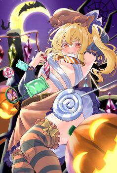 Rule 34 | 1girl, absurdres, ascot, bandages, bat (animal), blonde hair, bow, bow legwear, candy, crescent moon, crystal, crystal wings, flandre scarlet, food, hat, hat ribbon, highres, kanatsu (izayoi f2202), leather, lollipop, looking at viewer, mob cap, moon, multicolored wings, open mouth, pumpkin, pumpkin head, red eyes, red vest, ribbon, short hair, side ponytail, skirt, smile, solo, striped clothes, striped thighhighs, thighhighs, touhou, vest, wings, yellow ascot, yellow bow