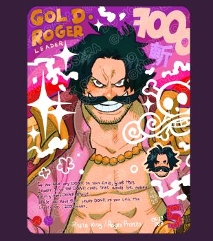 Rule 34 | 1boy, abs, beard, black hair, card (medium), character name, chibi, coat, coat on shoulders, collared shirt, commentary, facial hair, gol d. roger, highres, jolly roger, looking at viewer, male focus, mimscosara, mustache, one piece, open clothes, open shirt, pink shirt, shirt, sparkle