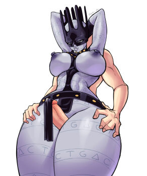 1boy 1girl absurdres arms_behind_head arms_up belt between_thighs black_belt black_mask breasts clothed_female_nude_male collar colored_skin commentary dark_nipples english_commentary erection from_below genderswap genderswap_(otf) grey_skin grinding hands_on_another's_hips hetero highres jojo_no_kimyou_na_bouken large_breasts looking_down nipples nude penis precum solo_focus spiked_collar spikes stone_ocean thick_thighs thigh_sex thighs uncensored white_background whitesnake_(stand) yoru_dan
